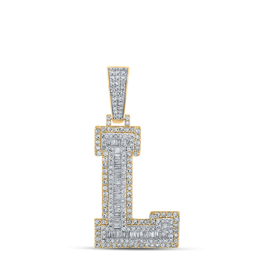10k Two-tone Gold Mens Baguette Diamond L Initial Letter Charm Pendant 1-1/2 Cttw