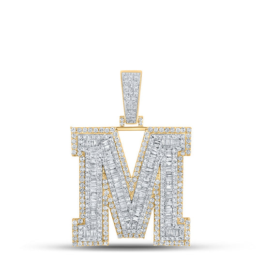10k Two-tone Gold Mens Baguette Diamond M Initial Letter Charm Pendant 2-7/8 Cttw