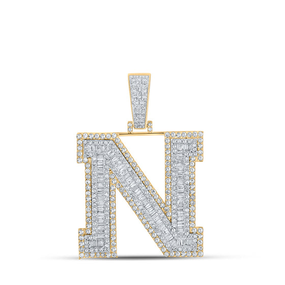 10k Two-tone Gold Mens Baguette Diamond N Initial Letter Charm Pendant 2-5/8 Cttw