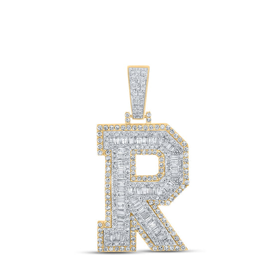 10k Two-tone Gold Mens Baguette Diamond R Initial Letter Charm Pendant 2 Cttw