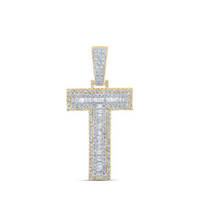  10k Two-tone Gold Mens Baguette Diamond T Initial Letter Charm Pendant 1-3/8 Cttw