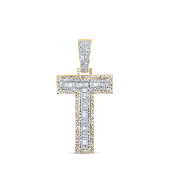 10k Two-tone Gold Mens Baguette Diamond T Initial Letter Charm Pendant 1-3/8 Cttw