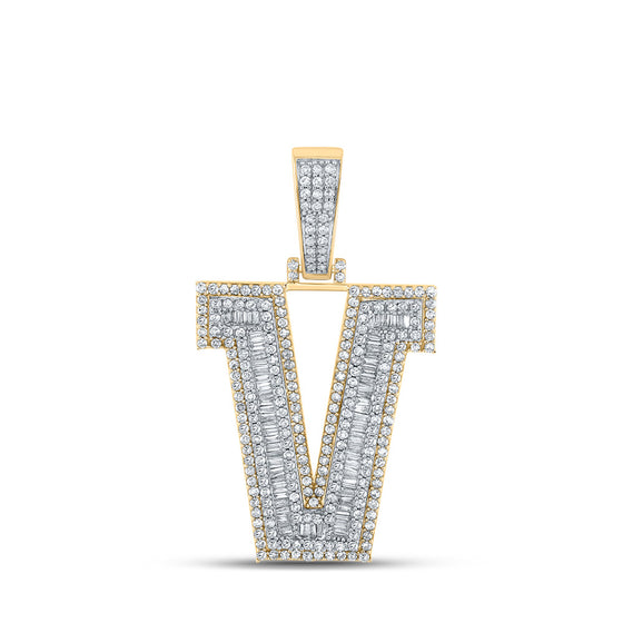 10k Two-tone Gold Mens Baguette Diamond V Initial Letter Charm Pendant 2 Cttw