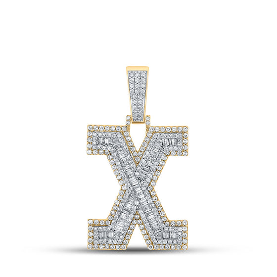 10k Two-tone Gold Mens Baguette Diamond X Initial Letter Charm Pendant 2 Cttw