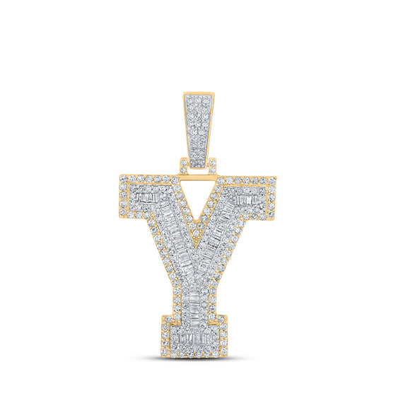 10k Two-tone Gold Mens Baguette Diamond Y Initial Letter Charm Pendant 1-5/8 Cttw
