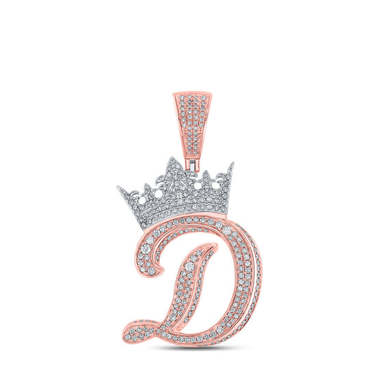 10k Two-tone Gold Mens Round Diamond Crown D Letter Charm Pendant 1-5/8 Cttw
