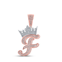  10k Two-tone Gold Mens Round Diamond Crown F Letter Charm Pendant 1-3/8 Cttw