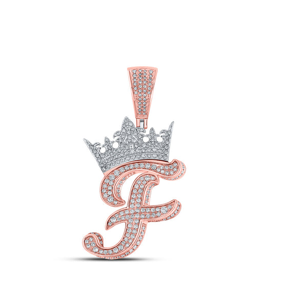 10k Two-tone Gold Mens Round Diamond Crown F Letter Charm Pendant 1-3/8 Cttw