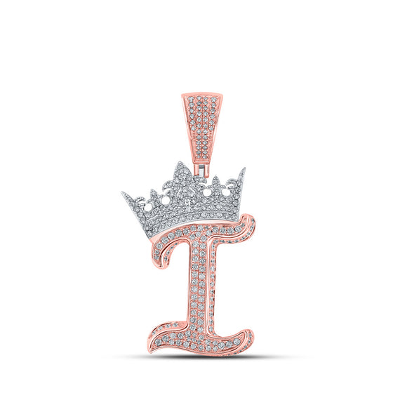 10k Two-tone Gold Mens Round Diamond Crown I Letter Charm Pendant 1-1/3 Cttw