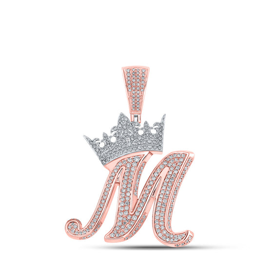 10k Two-tone Gold Mens Round Diamond Crown M Letter Charm Pendant 1-3/4 Cttw
