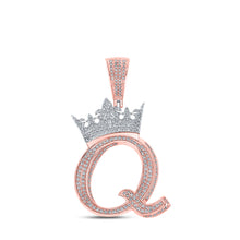  10k Two-tone Gold Mens Round Diamond Crown Q Letter Charm Pendant 1-3/8 Cttw