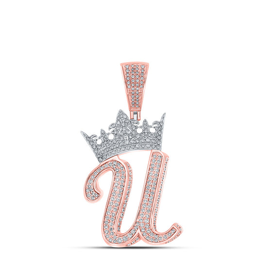 10k Two-tone Gold Mens Round Diamond Crown U Letter Charm Pendant 1-1/2 Cttw