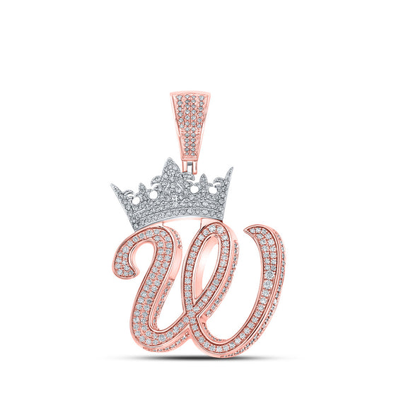 10k Two-tone Gold Mens Round Diamond Crown W Letter Charm Pendant 1-3/4 Cttw