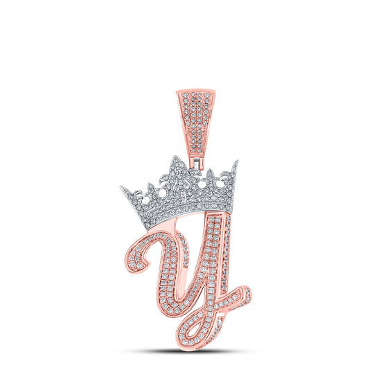 10k Two-tone Gold Mens Round Diamond Crown Y Letter Charm Pendant 1-1/4 Cttw