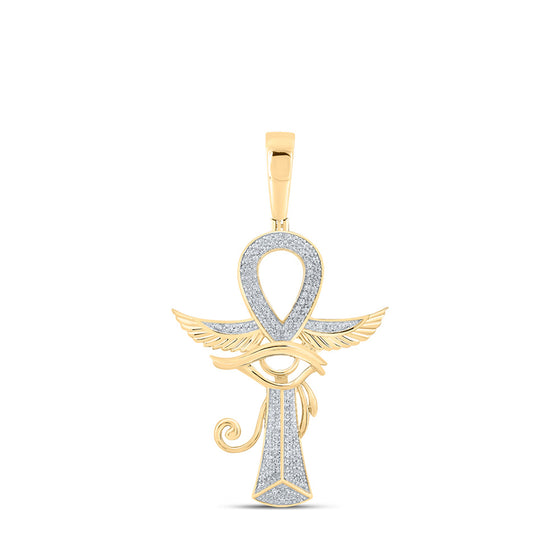 10k Yellow Gold Mens Round Diamond Ankh Eye Cross Charm Pendant 1/3 Cttw