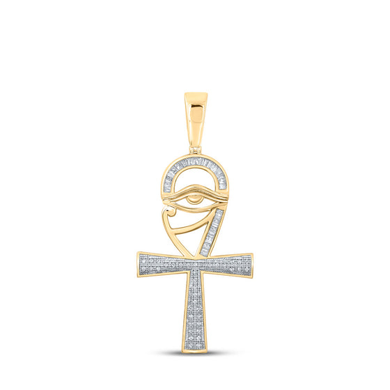 10k Yellow Gold Mens Baguette Diamond Ankh Eye Cross Charm Pendant 1/3 Cttw