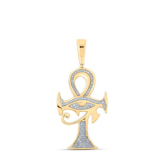 10k Yellow Gold Mens Round Diamond Ankh Eye Cross Charm Pendant 1/3 Cttw