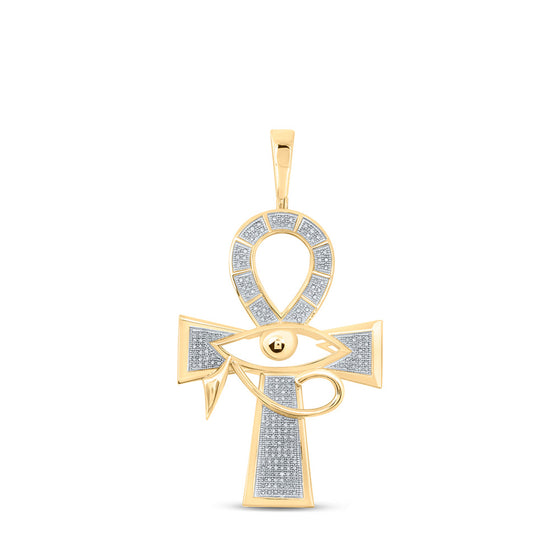 10k Yellow Gold Mens Round Diamond Ankh Eye Cross Charm Pendant 1/2 Cttw