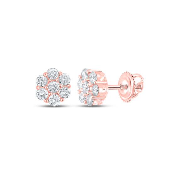 10k Rose Gold Round Diamond Flower Cluster Earrings 5/8 Cttw