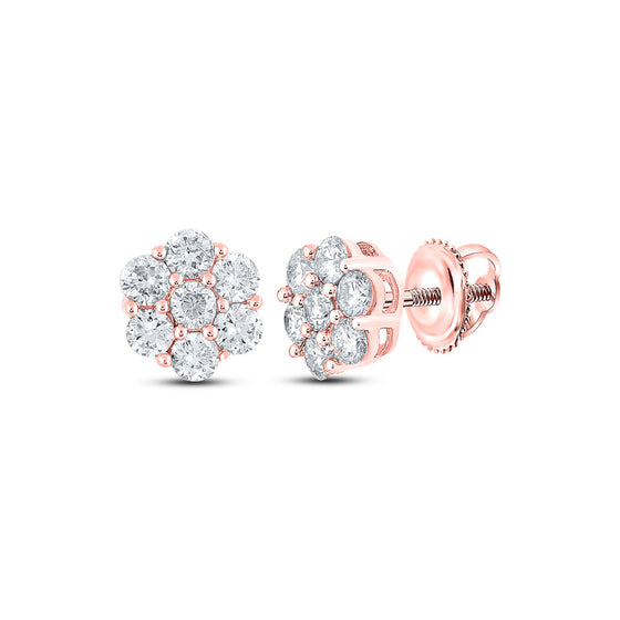 10k Rose Gold Round Diamond Flower Cluster Earrings 1 Cttw