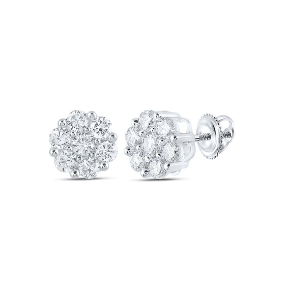 14k White Gold Womens Round Diamond Flower Cluster Earrings 1-1/5 Cttw