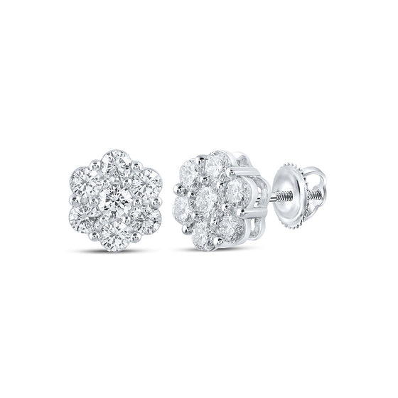 14k White Gold Womens Round Diamond Cluster Earrings 1-1/2 Cttw