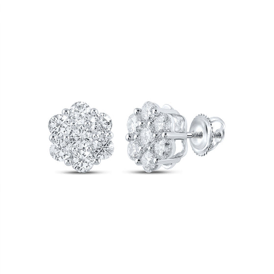 14k White Gold Womens Round Diamond Flower Cluster Earrings 1-3/4 Cttw