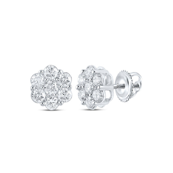14k White Gold Womens Round Diamond Flower Cluster Earrings 2-1/3 Cttw