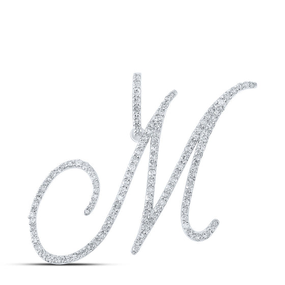 10k White Gold Womens Round Diamond M Initial Letter Pendant 7/8 Cttw