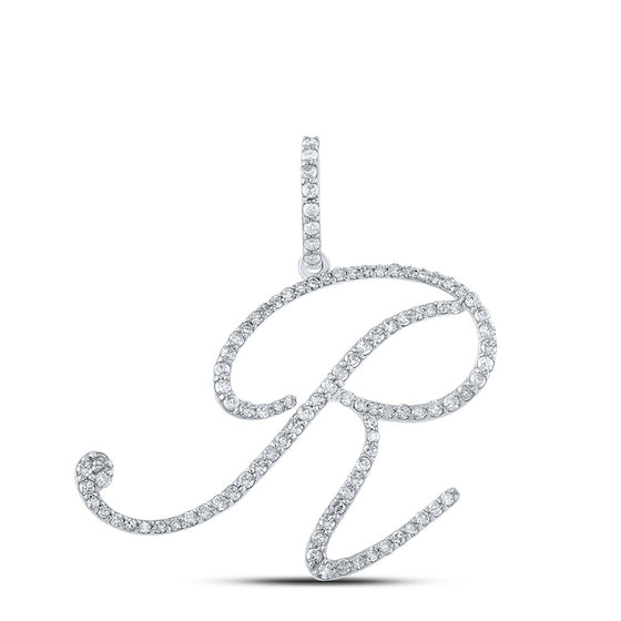 10k White Gold Womens Round Diamond R Initial Letter Pendant 5/8 Cttw
