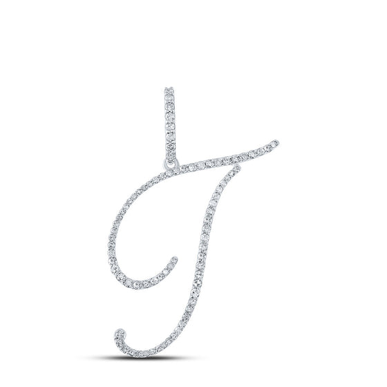 10k White Gold Womens Round Diamond T Initial Letter Pendant 3/8 Cttw