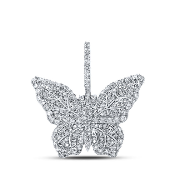 10k White Gold Mens Round Diamond Butterfly Charm Pendant 1-1/2 Cttw