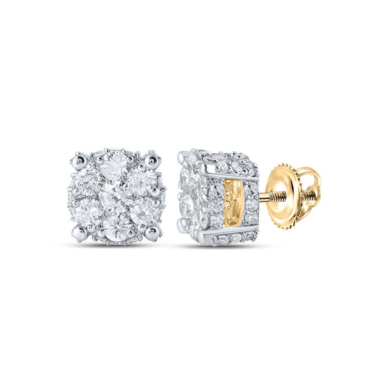 10k Yellow Gold Womens Round Diamond Flower Cluster Earrings 7/8 Cttw