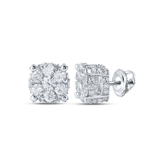 10k White Gold Womens Round Diamond Flower Cluster Earrings 7/8 Cttw