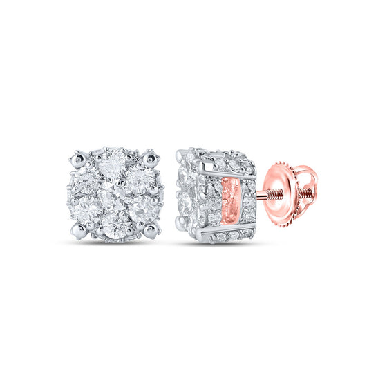 10k Rose Gold Womens Round Diamond Flower Cluster Earrings 7/8 Cttw