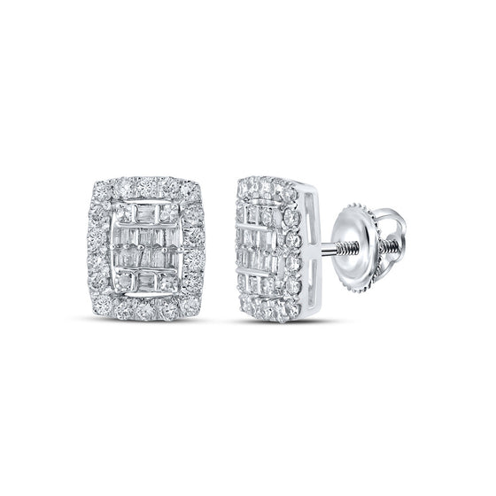 10k White Gold Womens Baguette Diamond Rectangle Cluster Earrings 1/2 Cttw