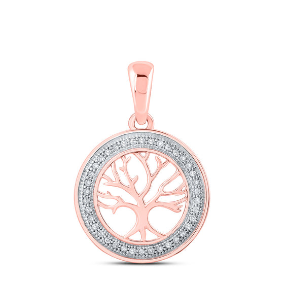 10k Rose Gold Womens Round Diamond Tree of Life Circle Pendant 1/10 Cttw
