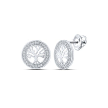  10k White Gold Womens Round Diamond Tree of Life Circle Earrings 1/8 Cttw