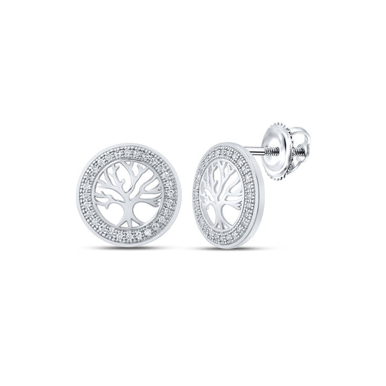10k White Gold Womens Round Diamond Tree of Life Circle Earrings 1/8 Cttw