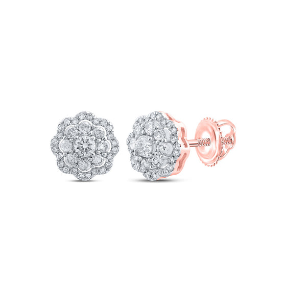 10k Rose Gold Womens Round Diamond Flower Cluster Earrings 1/2 Cttw