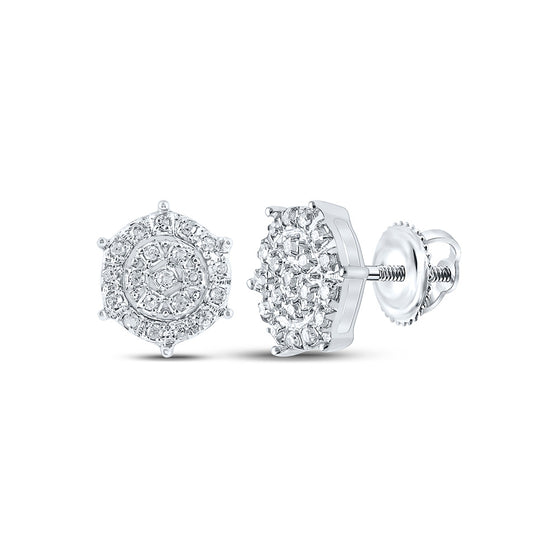 10k White Gold Womens Round Diamond Hexagon Cluster Earrings 1/8 Cttw