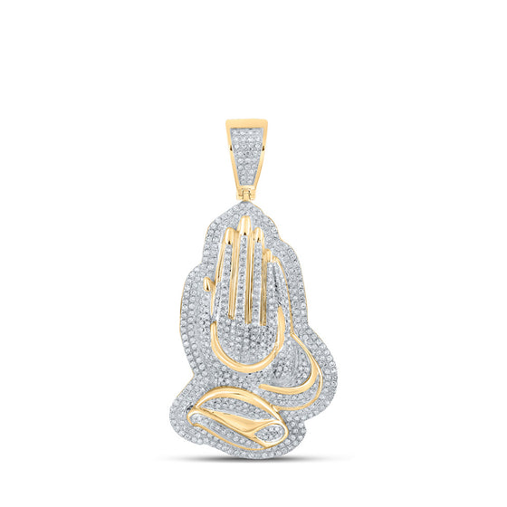 10k Yellow Gold Mens Round Diamond Praying Hands Charm Pendant 1-1/3 Cttw