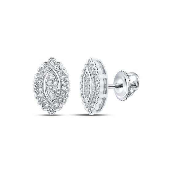 10k White Gold Womens Round Diamond Oval Cluster Earrings 1/5 Cttw