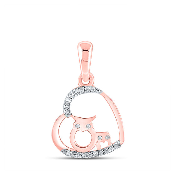 10k Rose Gold Womens Round Diamond Owl Heart Pendant 1/12 Cttw