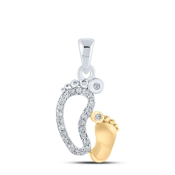 10k Two-tone Gold Womens Round Diamond Footsteps Child Mom Pendant 1/12 Cttw