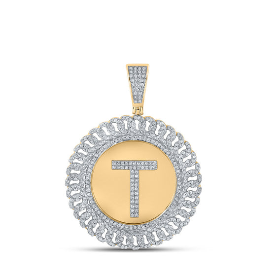 10k Yellow Gold Mens Round Diamond Letter T Circle Charm Pendant 1-1/5 Cttw