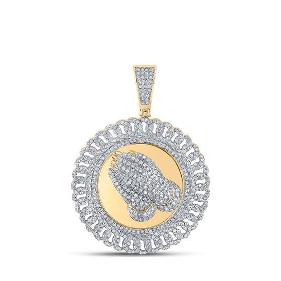 10k Yellow Gold Mens Round Diamond Prayer Hands Circle Charm Pendant 1-1/3 Cttw