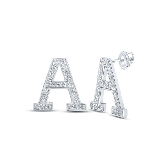 10k White Gold Womens Round Diamond A Initial Letter Earrings 1/6 Cttw
