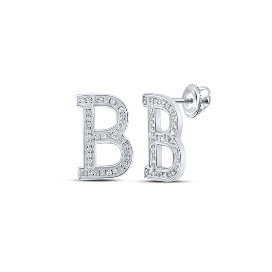 10k White Gold Womens Round Diamond B Initial Letter Earrings 1/6 Cttw