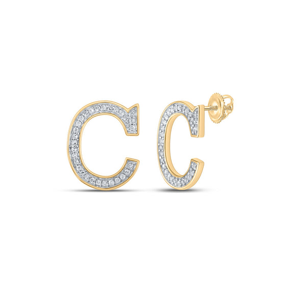 10k Yellow Gold Womens Round Diamond C Initial Letter Earrings 1/8 Cttw